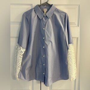 NWT Chico’s Women’s Blue Striped Lace Sleeve Button Up Tunic Blouse Shirt Size 3